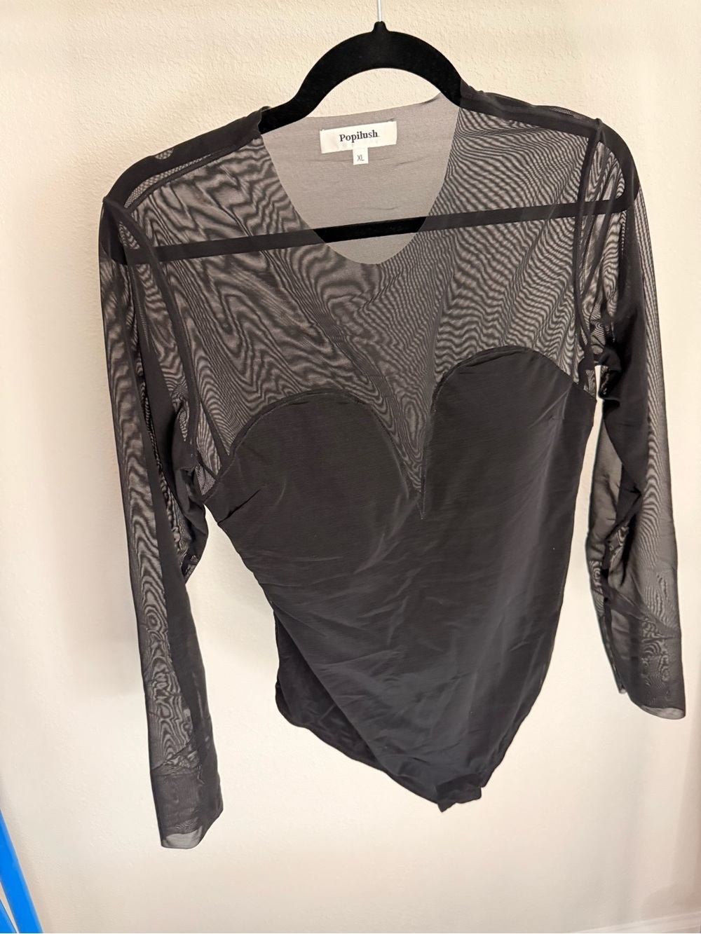 Poplush Black Sheer Long-Sleeve Bodysuit